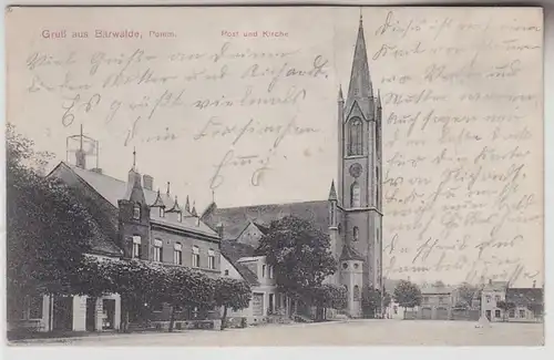 71874 Ak Salutation de la forêt d'ours (polon. Barwice), Poméranie, Poste et église, vers 1910