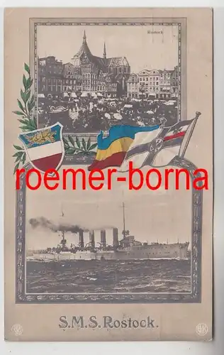 72203 Multi-image Ak Rostock Market et S.M.S. Ro Stock avec drapeaux colorés 1915