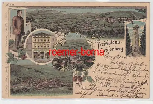 72332 Ak Lithografie Gruss aus Freiwaldau-Gräfenberg Buchdruckerei usw. 1900