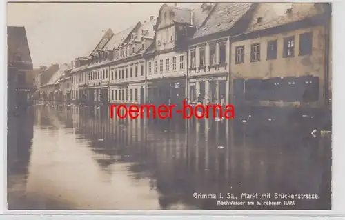 72335 Foto Ak Grimma i.Sa. Markt m. Brückenstrasse Hochwasser am 5. Februar 1909
