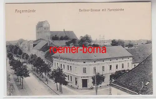 72438 Ak Angermünde Berliner Strasse avec Marienkirche et boutique E.Wolff vers 1920