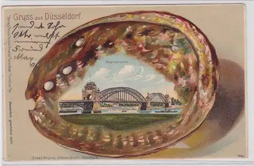 72515 Cadre AK Gruss de Düsseldorf - Pont du Rhin dans une coquille de conchyliculture en relief