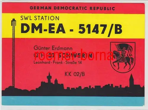 72780 QSL Carte Radio Amateur DDR SWL Station DM-EA-5147/B Schwerin 1970