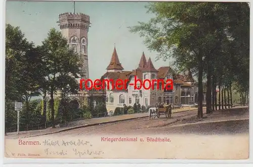 72842 Ak Barmen Kriegerdenkmal und Stadthalle mit Pferdekutsche davor 1908