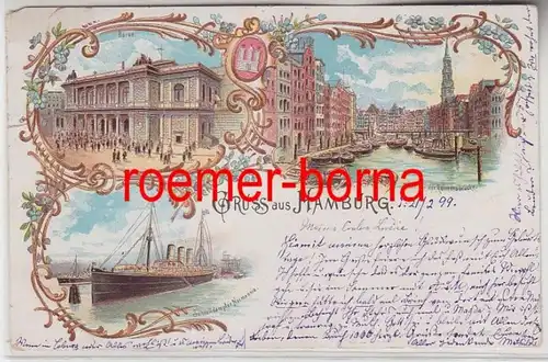 73555 Ak Lithografie Gruss aus Hamburg Börse, Reimersbrücke, Schnelldampfer 1899