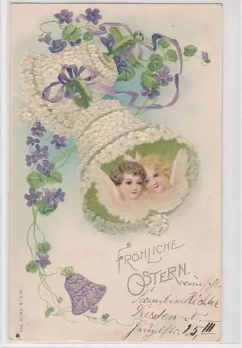 73646 Glückwunsch Präge AK Fröhliche Ostern, zwei Engel unter Blütenglocke 1907