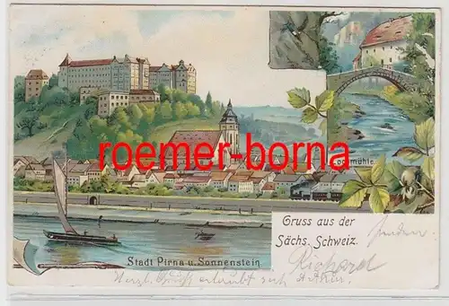 73769 Ak Lithographie Gruß aus der sächs.Schweiz Stadt Pirna & Sonnenstein 1901