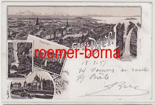 73949 Ak Lithographie Salutation de Biel Suisse 1897