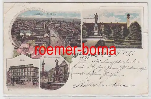 73957 Ak Lithographie Gruss de Augsburg Bourse, Fontaine Hercule etc. 1897