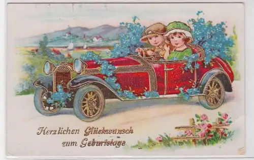 74275 Félicitations AK Fête d'anniversaire - voiture fleurie 1930