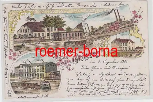 74607 Ak Lithographie Gruß aus Gröbers Bahnhof, Zuckerfabrik, Schule 1898