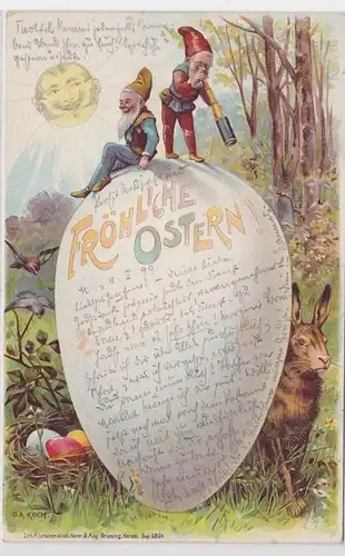 74620 Glückwunsch AK Fröhliche Ostern! zwei Zwerge auf einem Osterei 1899