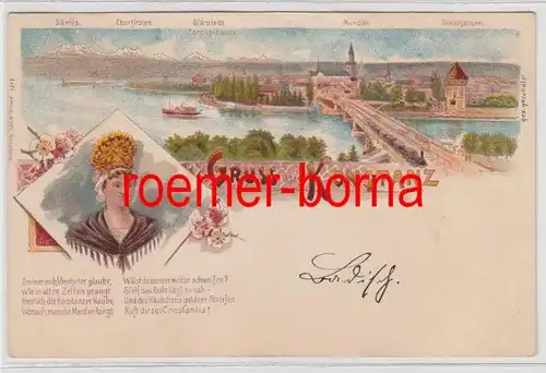 74786 Ak Lithographie Gruss aus Konstanz Totalansicht um 1900