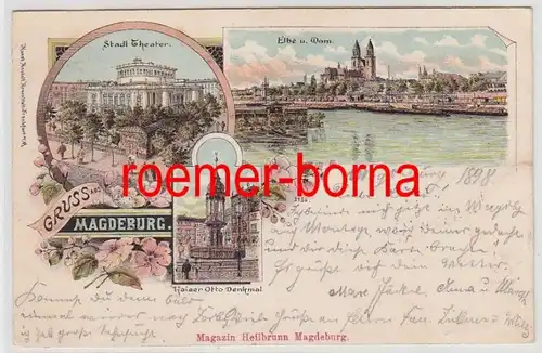 75059 Ak Lithographie Gruss de Magdeburg Théâtre de la ville, Elbe et Dom etc 1898