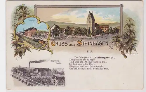 76426 Ak Lithographie Gruß aus Steinhagen Brennerei, Bahnhof um 1900
