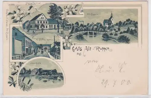 77409 Ak Lithographie Gruß aus Alt-Ruppin Denkmal, Mühle, Gasthof usw. 1900