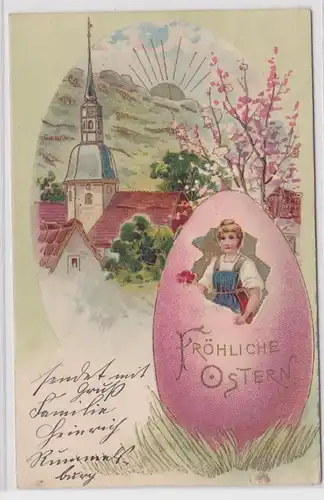79003 Glückwunsch AK Fröhliche Ostern, Kirche, Dame in Osterei 1902