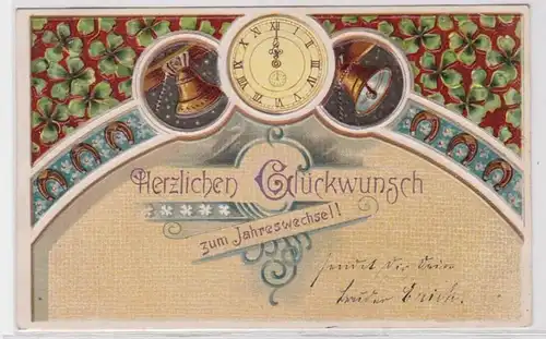 82348 Präge AK Herzlichen Glückwunsch zum Jahreswechsel! Glocken & Uhr 1908