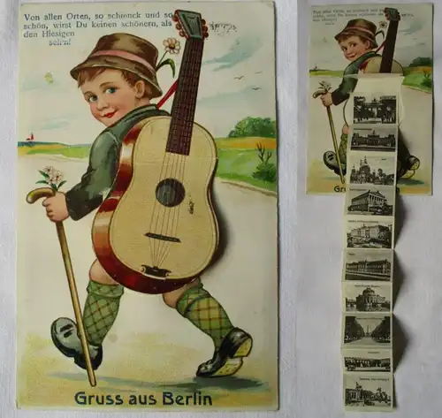 82679 Leporello Reim Ak Gruss de Berlin, randonneur avec guitare 1929