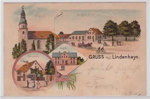 84160 Ak Lithographie Gruss aus Lindenhayn Gasthof, Schule, Kirche, Post 1901