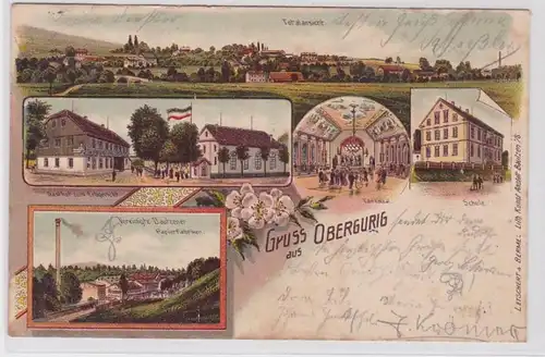 84162 Ak Lithographie Gruss aus Obergurig Gasthof, Schule, Papierfabriken 1906