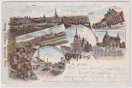 84181 Ak Lithographie Gruß aus Pilsen Brauerei, Brauhaus usw. 1897