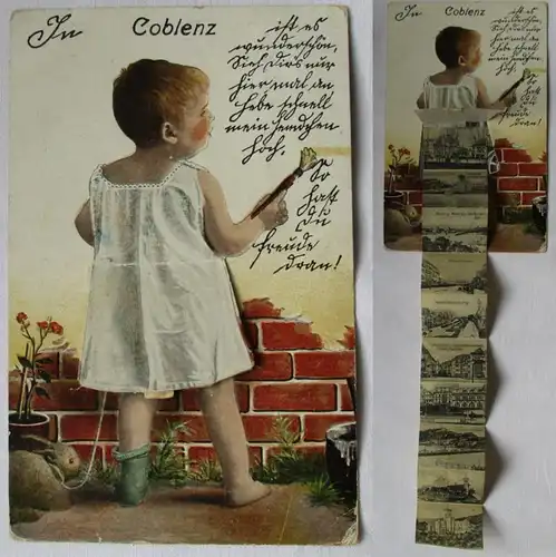 84707 Leporello Ak Gruss aus Koblenz, Kind malt an Wand 1921