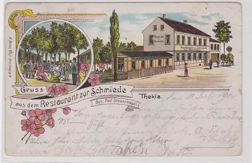 85849 Ak Lithographie Gruß aus dem Restaurant zur Schmiede Thekla 1904