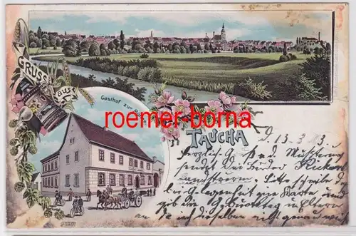 86286 Ak Lithographie Gruß aus Taucha Gasthof zur Münze 1903