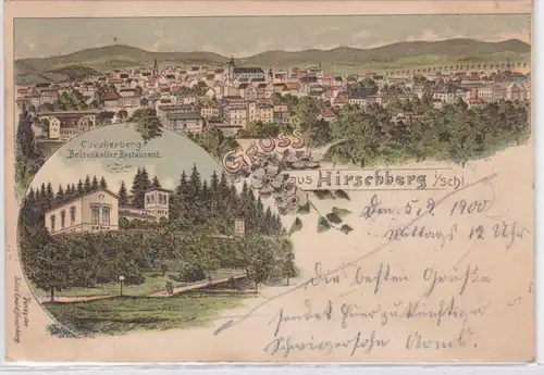 87591 Ak Lithographie Salutation de Hirschberg en Silésie Restaurant 1900