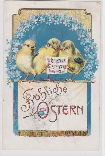 87752 Félicitations AK Joyeux Pâques - 3 poussins sur tige chanter une chanson 1908