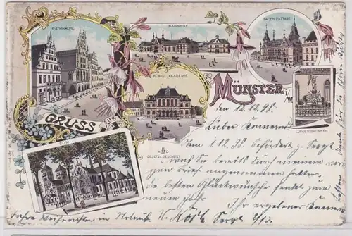 87836 Ak Lithographie Salutation de Münster i.W. Gare ferroviaire etc 1898