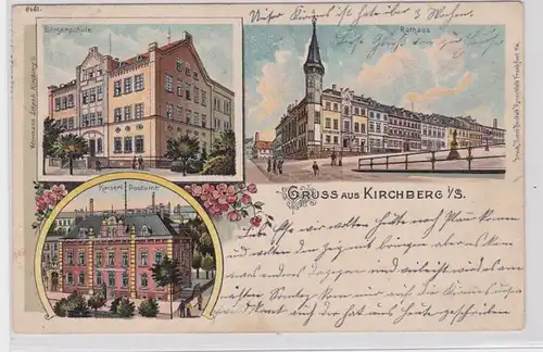 88704 Ak Lithographie Gruß aus Kirchberg Bürgerschule, Postamt usw. 1906