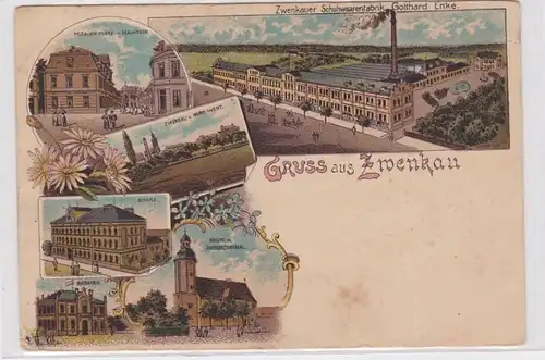 89212 Ak Lithographie Gruß aus Zwenkau Schuhwarenfabrik usw. um 1900