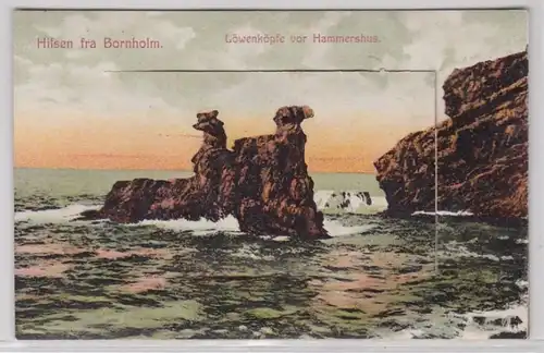 89429 Leporello AK Hilsen fra Bornholm - Löwenkopf vor Hammershus