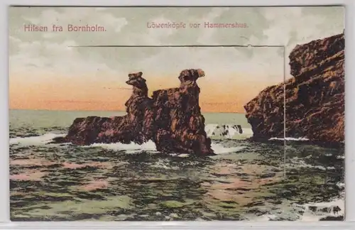 89429 Leporello AK Hilsen fra Bornholm - Tête de lion devant Hammershus