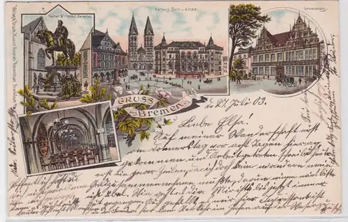 89448 AK Gruss de Bremen - Hôtel de ville, Maison de commerce, Ratskeller & Monument 1903