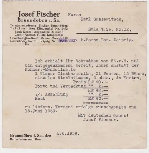 89823 Reklame AK Josef Fischer Musikinstrumenten-Fabrik Brunndöbra 1939