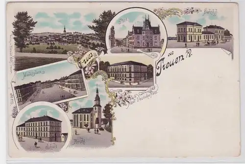 89856 Ak Lithographie Gruß aus Treuen im Vogtland Schule, Bahnhof, Post um 1900