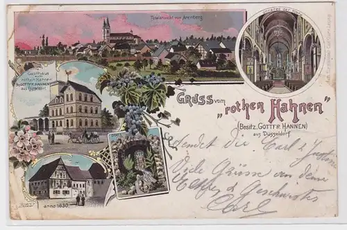 90016 Ak Lithographie Salutation du Gasthof 'Rothen Hahnen' de Düsseldorf 1901