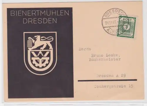 90172 persönliche Bestellkarte bei Bienertmühlen Dresden, Bäckermeister 1945