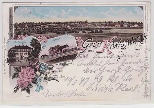 91670 Ak Lithographie Gruß aus Königswarta Bahnhof usw. 1897