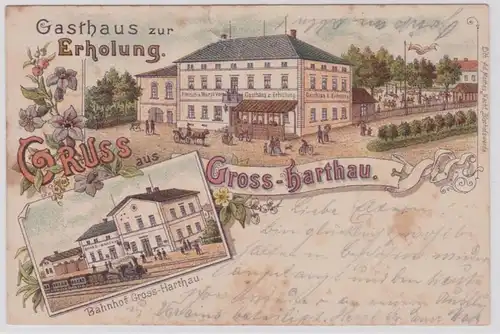 91693 Ak Lithographie Gruß aus Gross-Harthau Gasthaus zur Erholung 1898