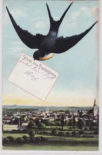 91708 AK Gruss aus Frankenberg - Schwalbe bringt Brief mit Nachricht 1907