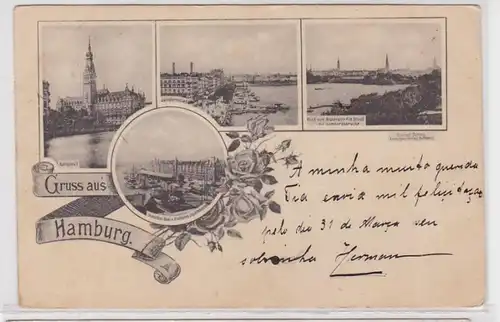 91805 AK Gruss aus Hamburg - Rathaus, Jungfernstieg, Alsterufer & Hafen 1900