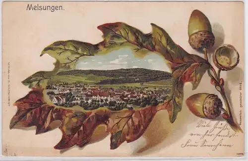 91831 Eichenblatt Präge Ak Lithographie Melsungen Totalansicht um 1900