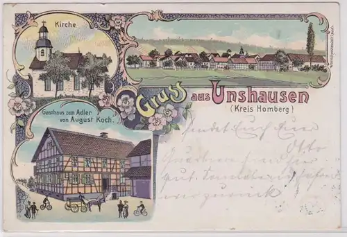 91839 Ak Lithographie Gruß aus Unshausen (Kreis Homberg) Gasthaus zum Adler 1909
