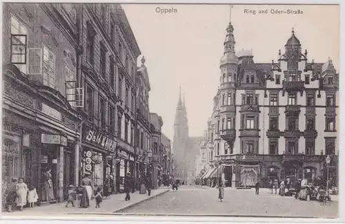 91946 Ak Oppeln Opole Ring und Oderstraße mit Geschäften um 1910