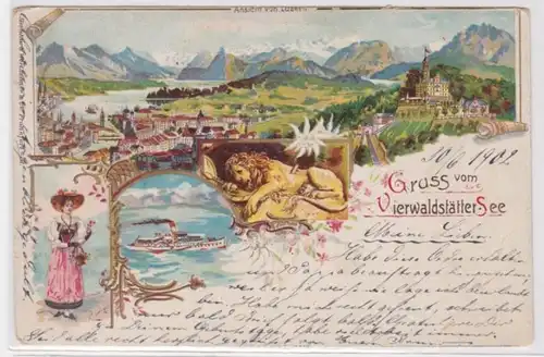 93101 Ak Lithographie Gruss vom Vierwaldstättersee - Ansicht von Luzern 1902