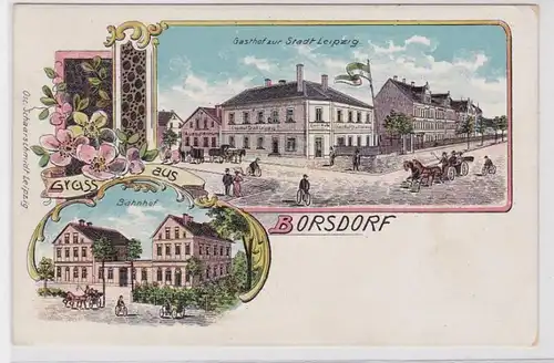 94039 Ak Lithographie Gruß aus Borsdorf Bahnhof und Gasthof 1937